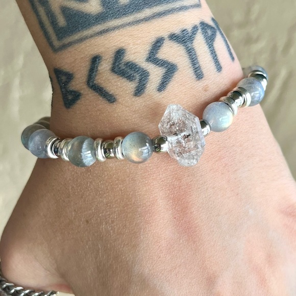 Herkimer diamond iridescent labradorite boho bead crystal quartz gems bracelet - Picture 14 of 16